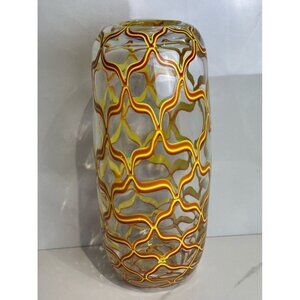VTG Murano Art Glass Vase Translucent Hand Blown Yellow Orange Lines 13.5” Decor